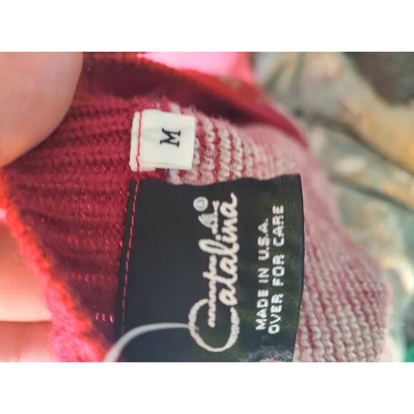 1970s Vintage Red Knit Sweater Retro Geometric V-Neck Pullover Size Medium - Picture 6 of 6